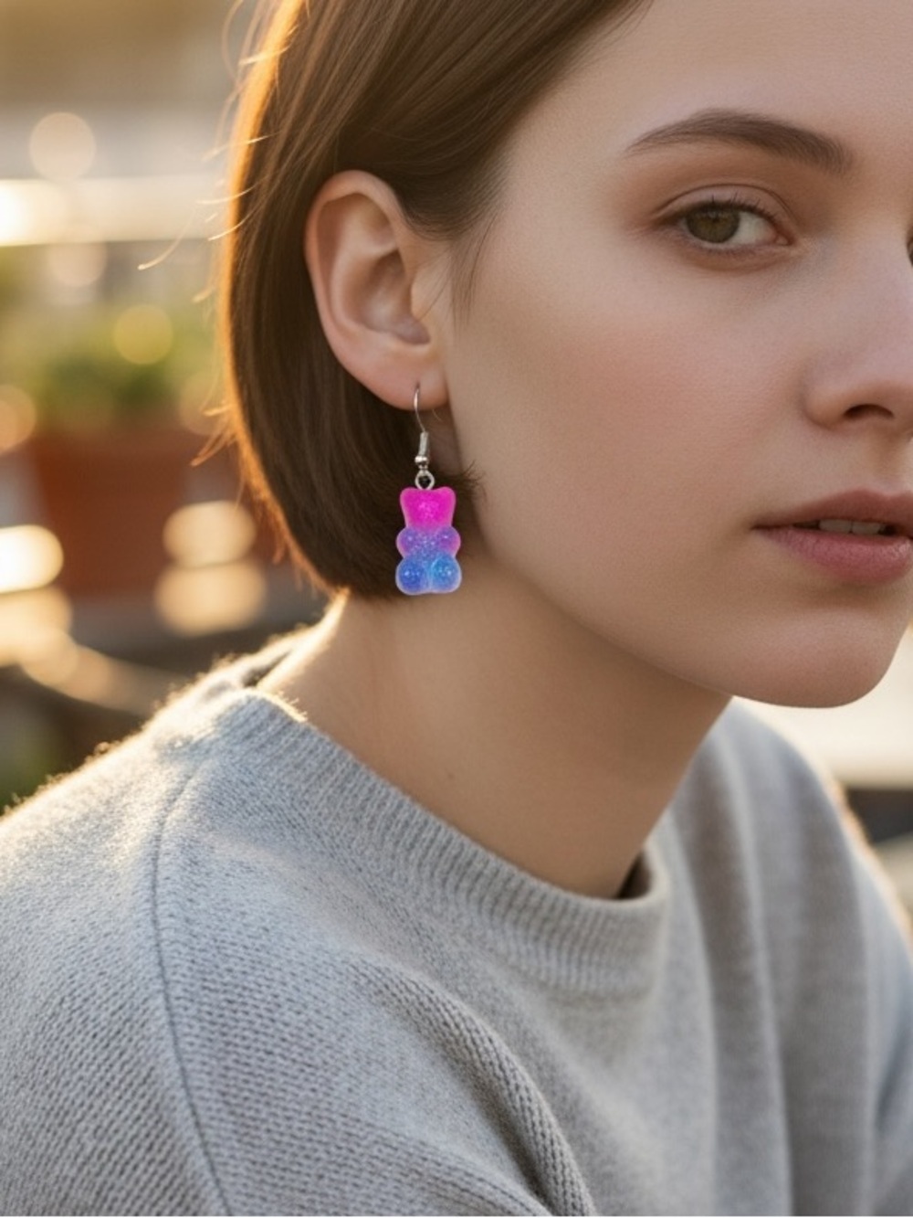 Vibrant Ombre Gummy Bear Earrings Pink Blue Glitter Kawaii Candy Resin Earrings